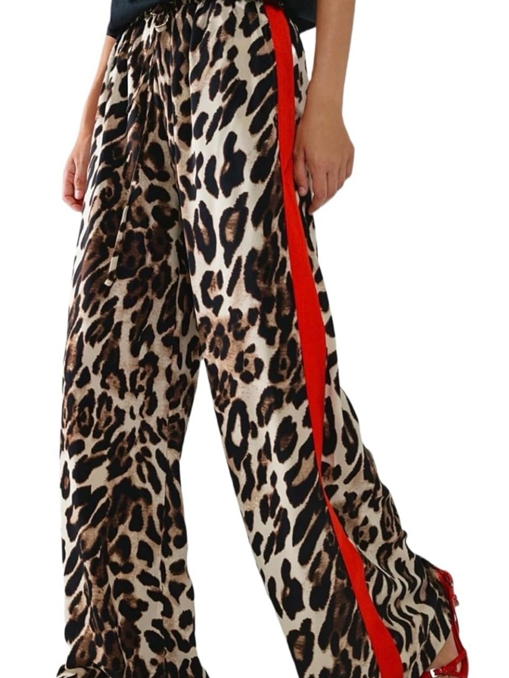 Leopard Print Wide Leg Pants with Red Side Stripe
